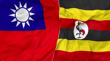 Taiwán y Uganda banderas juntos sin costura bucle fondo, serpenteado bache textura paño ondulación lento movimiento, 3d representación video
