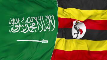 KSA, Kingdom of Saudi Arabia and Uganda Flags Together Seamless Looping Background, Looped Bump Texture Cloth Waving Slow Motion, 3D Rendering video