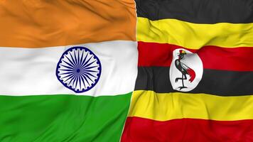 India and Uganda Flags Together Seamless Looping Background, Looped Bump Texture Cloth Waving Slow Motion, 3D Rendering video
