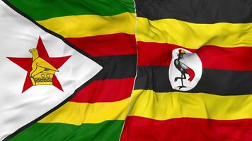 Zimbabwe and Uganda Flags Together Seamless Looping Background, Looped Bump Texture Cloth Waving Slow Motion, 3D Rendering video