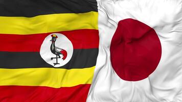 Japan and Uganda Flags Together Seamless Looping Background, Looped Bump Texture Cloth Waving Slow Motion, 3D Rendering video