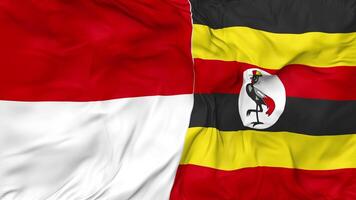 Indonesia and Uganda Flags Together Seamless Looping Background, Looped Bump Texture Cloth Waving Slow Motion, 3D Rendering video