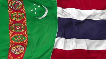 Turkmenistan and Thailand Flags Together Seamless Looping Background, Looped Bump Texture Cloth Waving Slow Motion, 3D Rendering video