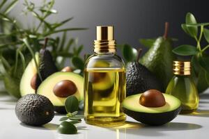 AI generated avocado oil extract with isolated kitchen table professional advertising food photography photo