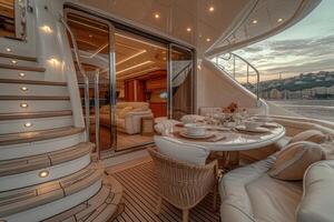 AI generated Dining table on the upper deck fancy yacht professional advertising food photography photo