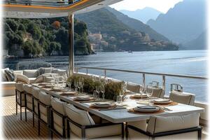 AI generated Dining table on the upper deck fancy yacht professional advertising food photography photo