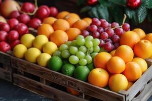 ai generado Fresco frutas regalo caja profesional publicidad comida fotografía foto