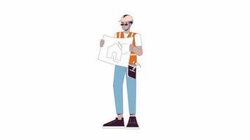 Home builder holding blueprint line 2D character animation. Schematic house flat color cartoon 4K video, alpha channel. African american male construction worker animated person on white background video