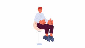 Bearded caucasian man sitting on swivel bar stool 2D character animation. European guy on barstool flat cartoon 4K video, transparent alpha channel. Raising index finger animated person on white video