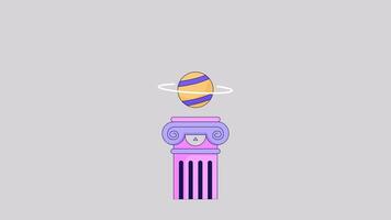 Mystery ancient column ring planet line 2D object animation. Greek pedestal universe Saturn flat color cartoon 4K video, alpha channel. Cosmos deep space pillar animated item on white background video