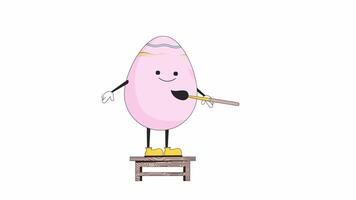 Painting Easter happy egg with arms and legs line 2D character animation. Eastertime flat color cartoon 4K video, alpha channel. Smiling easteregg decorating animated personage on white background video