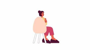 South asian adult woman sitting in chair back view 2D character animation. Middle eastern girl flat cartoon 4K video, transparent alpha channel. Lecture participator animated person on white video