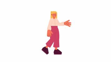 Caucasian friendly woman waving hand 2D character animation. European girl greeting flat cartoon 4K video, transparent alpha channel. Young smiling female in casual clothes animated person on white video