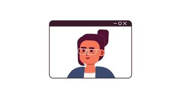 Video call middle eastern woman eyeglasses 2D character animation. Webinar screen arab female flat cartoon 4K video, transparent alpha channel. Millennial worker animated person on white