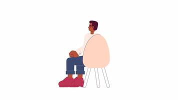 Black young adult man sitting in chair back view 2D character animation. African american guy attendee flat cartoon 4K video, transparent alpha channel. Workshop trainee animated person on white video