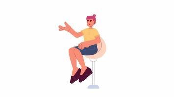 Asian young adult woman sitting on swivel bar stool 2D character animation. Korean female gesturing on barstool flat cartoon 4K video, transparent alpha channel. TV host animated person on white video