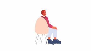 barbu européen homme séance dans chaise 2d personnage animation. caucasien gars millénaire entrepreneur plat dessin animé 4k vidéo, transparent alpha canaliser. séminaire participant Animé la personne sur blanc video