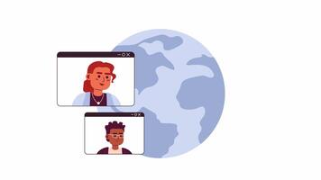 Unternehmer global Konferenz online 2d Animation. virtuell Zusammenarbeit um Welt 4k Video Bewegung Grafik. Zusammenarbeit Mannschaft Mitglieder Farbe animiert Karikatur eben Konzept, Weiß Hintergrund