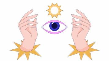All seeing eye hands stars line 2D object animation. Spiritual guidance. Mystical symbols flat color cartoon 4K video, alpha channel. Eye of providence. IIluminati animated item on white background video