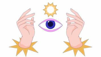 todas viendo ojo manos estrellas línea 2d objeto animación. espiritual guía. místico símbolos plano color dibujos animados 4k video, alfa canal. ojo de providencia. iiluminati animado articulo en blanco antecedentes video