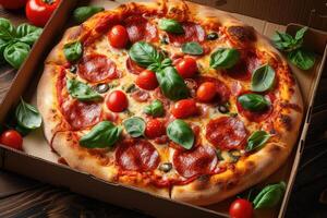 AI generated takeaway or delivery pizza box professional advertising food photography photo