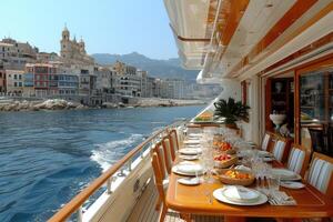 AI generated Dining table on the upper deck fancy yacht professional advertising food photography photo