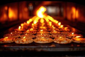 AI generated View inside the oven tray baking pizza professional advertising food photography photo