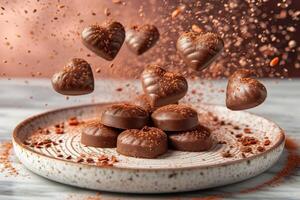 ai generado corazón chocolate galletas volador en el aire profesional publicidad comida fotografía foto