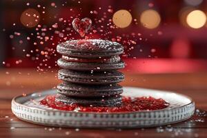 AI generated heart chocolate cookies flying in the air professional advertising food photography photo
