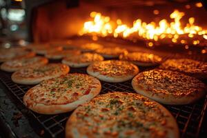 AI generated View inside the oven tray baking pizza professional advertising food photography photo