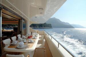 AI generated Dining table on the upper deck fancy yacht professional advertising food photography photo