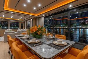 AI generated Dining table on the upper deck fancy yacht professional advertising food photography photo