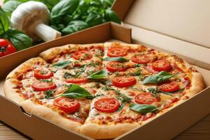 AI generated takeaway or delivery pizza box professional advertising food photography photo