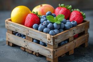 ai generado Fresco frutas regalo caja profesional publicidad comida fotografía foto