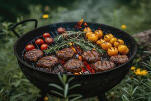 AI generated Delicious grilled meat with vegetables professional advertising food photography photo