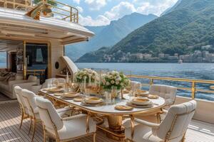 AI generated Dining table on the upper deck fancy yacht professional advertising food photography photo