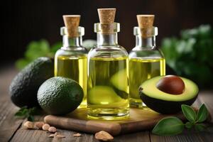 AI generated avocado oil extract with isolated kitchen table professional advertising food photography photo