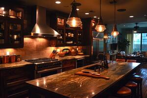ai generado moderno cocina diseño con de madera piso interior profesional publicidad fotografía foto