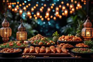 ai generado sirve varios comida a iftar Ramadán publicidad comida fotografía foto