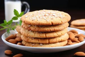 ai generado dulce almendra galletas en el mesa profesional publicidad comida fotografía foto