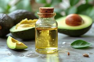 AI generated avocado oil extract with isolated kitchen table professional advertising food photography photo