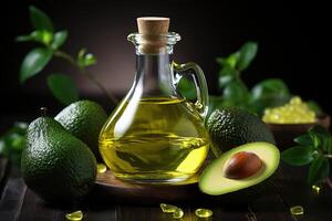 AI generated avocado oil extract with isolated kitchen table professional advertising food photography photo