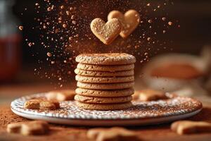 AI generated heart chocolate cookies flying in the air professional advertising food photography photo