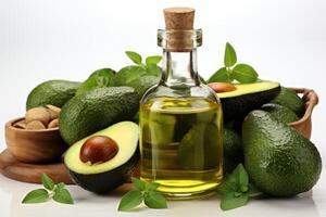 AI generated avocado oil extract with isolated kitchen table professional advertising food photography photo