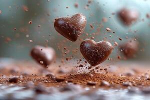 AI generated heart chocolate cookies flying in the air professional advertising food photography photo