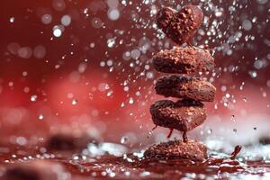 AI generated heart chocolate cookies flying in the air professional advertising food photography photo