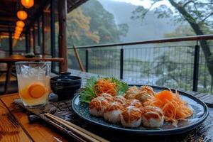 AI generated A plate of a well plated cooked Japanese dish on a table top professional advertising food photography photo