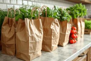 AI generated fresh produce and grocery bags sitting on top of a countertop professional advertising food photography photo