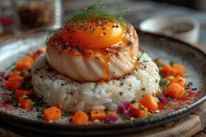 AI generated A plate of a well plated cooked Japanese dish on a table top professional advertising food photography photo
