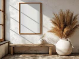 AI generated Poster frame mockup in Boho style interior photo
